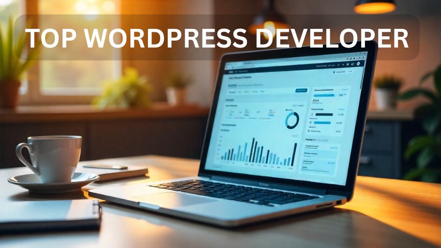 Realistic workspace with a laptop displaying the WordPress dashboard, symbolizing top WordPress developer services and web development.