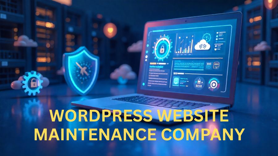 Illustration of WordPress website maintenance company services with dashboard, security shield, cloud backups, and optimization icons.