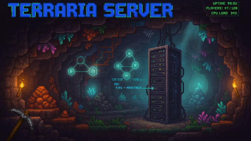 Terraria underground server hosting infrastructure with mining and exploration theme